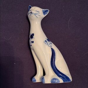 Elegant Blue and White Ceramic Cat Figurine